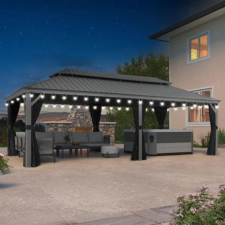 PURPLE LEAF Patio Gazebo for Light Grey Backyard Hardtop Galvanized Steel Frame with Upgrade Curtain - 12' x 24' - With lights