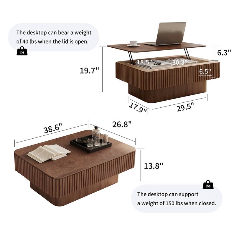 Storage Modern Coffee Table 38.6'' Fluted Lift-top Tea Coffee Table
