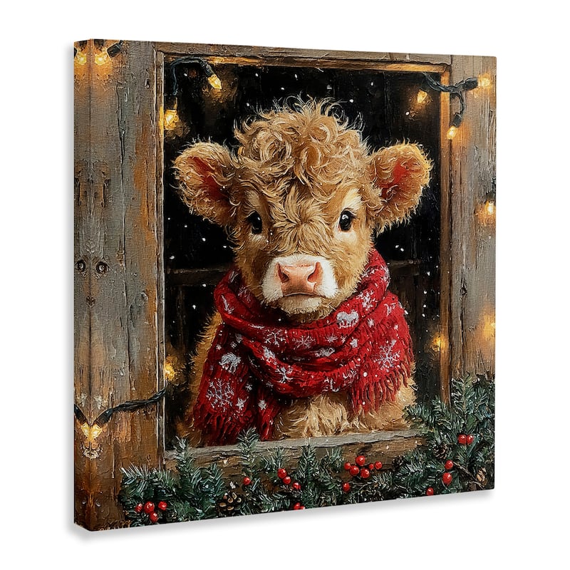 Stupell Calf with Holly & Lights Garland Canvas Wall Art Design By Riley B