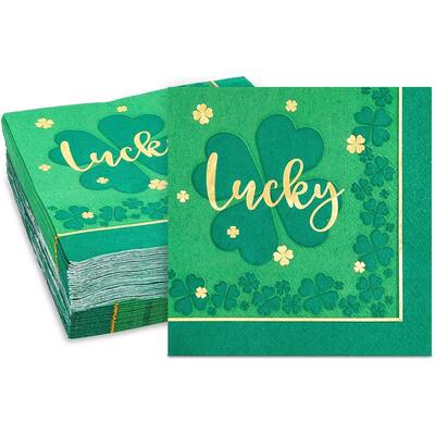 St Patrick's Party Napkins, Green Four Leaf Clover-Themed Lucky Design (5 In, 50 Pack)