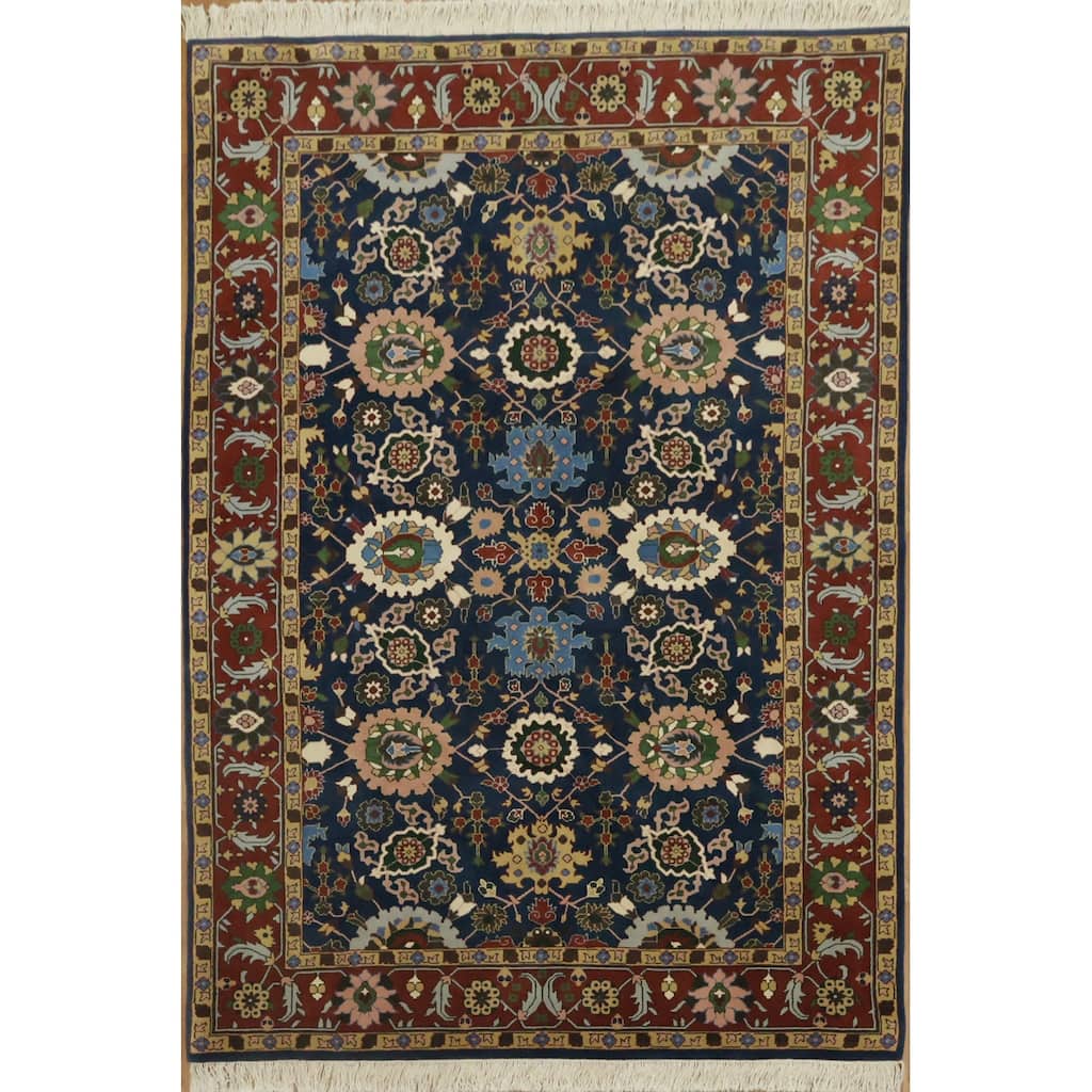 Hand Knotted Oriental 100% Wool Carpet Traditional All-Over Navy Blue & Blues Agra Area Rug - 9' 1'' X 6' 1''