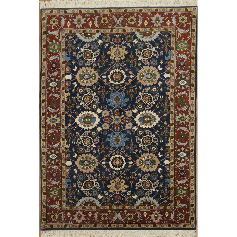 Hand Knotted Oriental 100% Wool Carpet Traditional All-Over Navy Blue & Blues Agra Area Rug - 9' 1'' X 6' 1''
