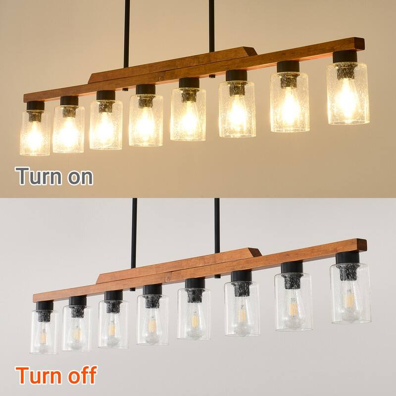 Farmhouse Chandelier for Dining Room Kitchen Island Rustic Wood Linear Pendant Light with Seed Glass Shade