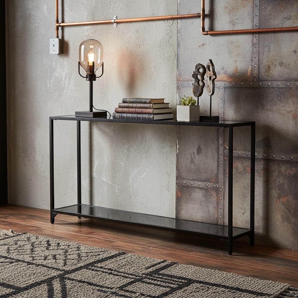 HomeRoots 56" Clear and Black Glass Frame Console Table With Shelves - 56.00 in. x 29.00 in. x 8.00 in.