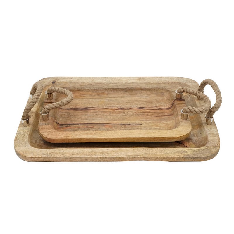 Set of 2 Mango Wood Trays, Twisted Jute Handles, Rustic Brown Texturing