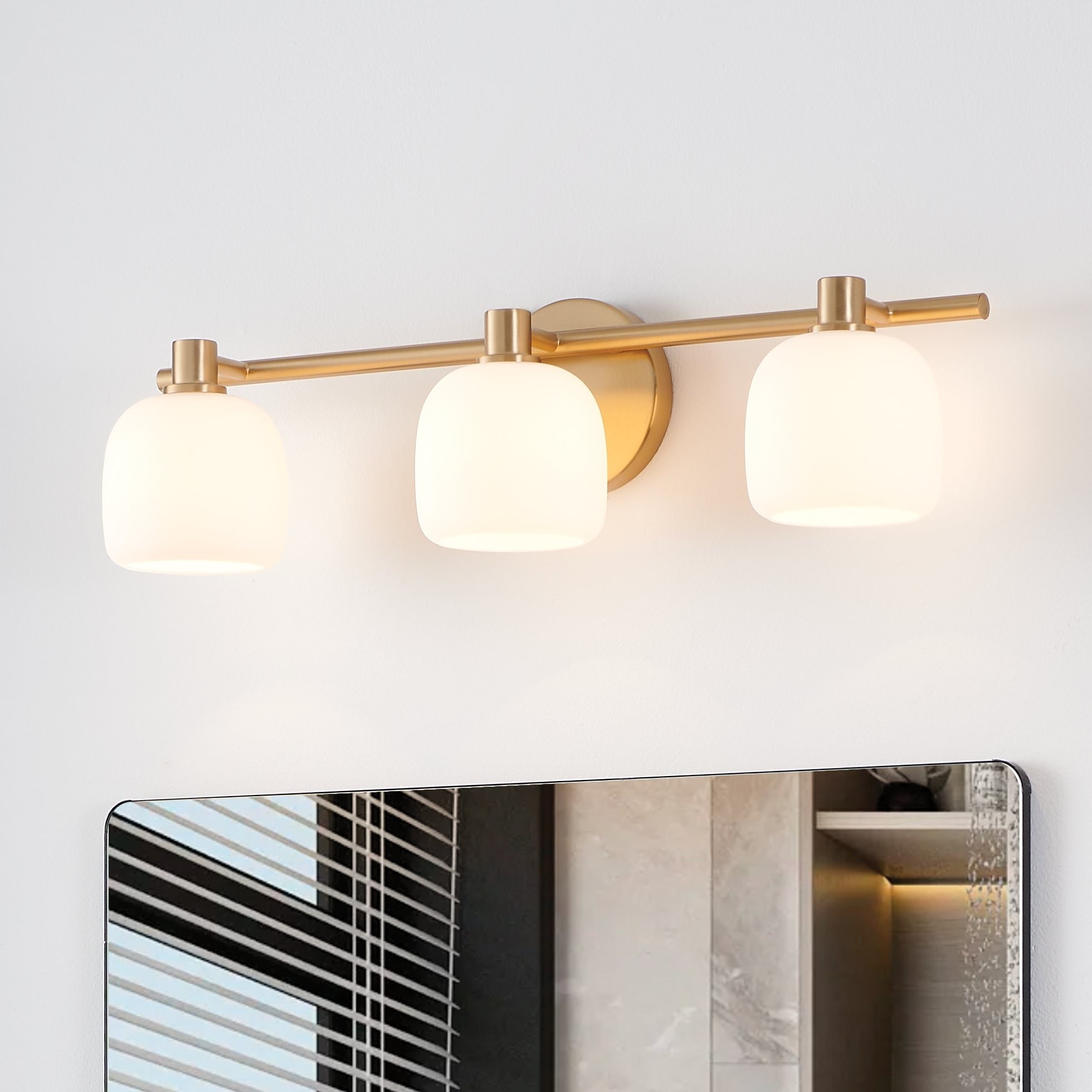 Thesis Valentina 24-inch 3-light Champagne Gold Vanity Light with Etched Opal Glass Shades