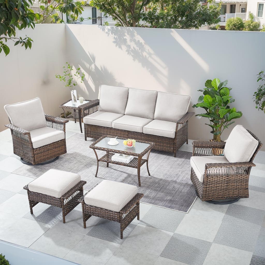 Gymojoy 5PCS Patio Rattan Wicker Chair with Coffee Table, Ottoman - Brown