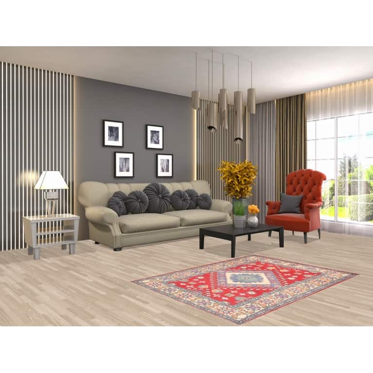 Geometric Kazak Rug Hand-Knotted Traditional Foyer Wool Carpet - 3'4"x 4'10"