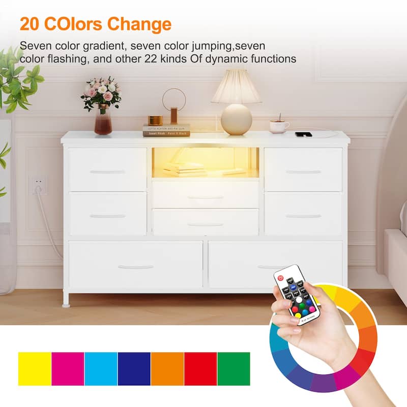 8-Drawer Fabric TV Stand with LED Lights & Built-in Power Outlets