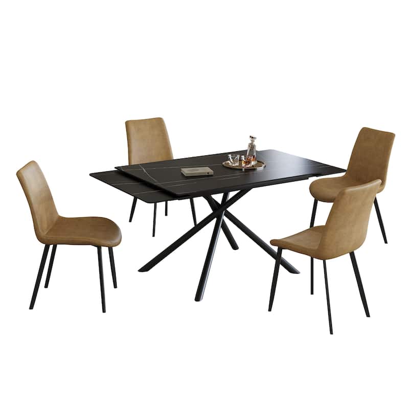 Retractable Sintered Stone Dining Table Set,with steel legs and a cross-leg structure at the bottom(Table + 4 Chairs)