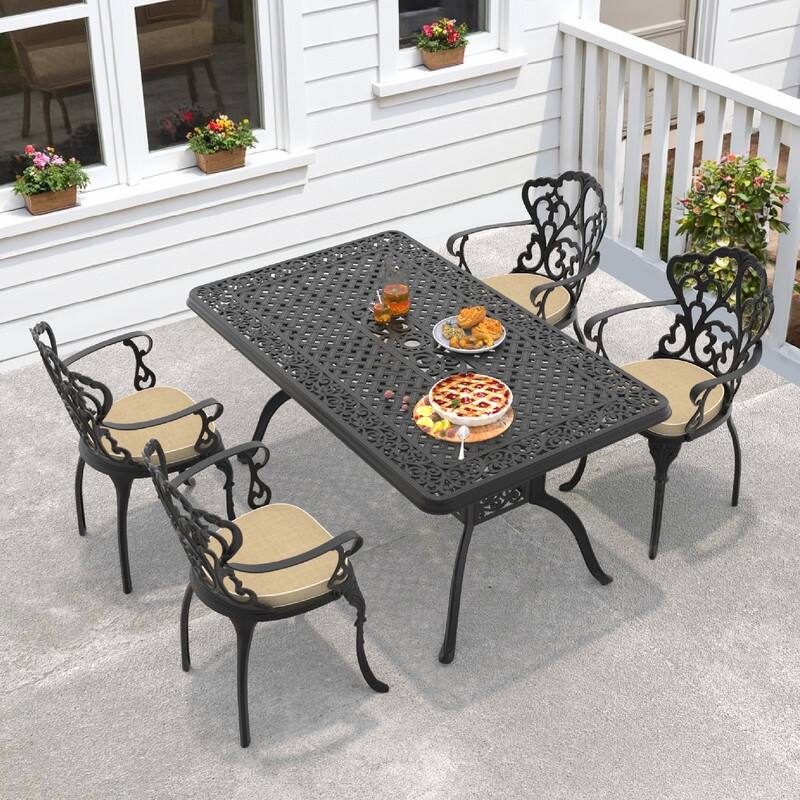 5/7-Piece Cast Aluminum Outdoor Dining Set with 59.06'' L X 35.43'' W Rectangular Table and Seat Cushions - Black(5-Piece Sets-C)