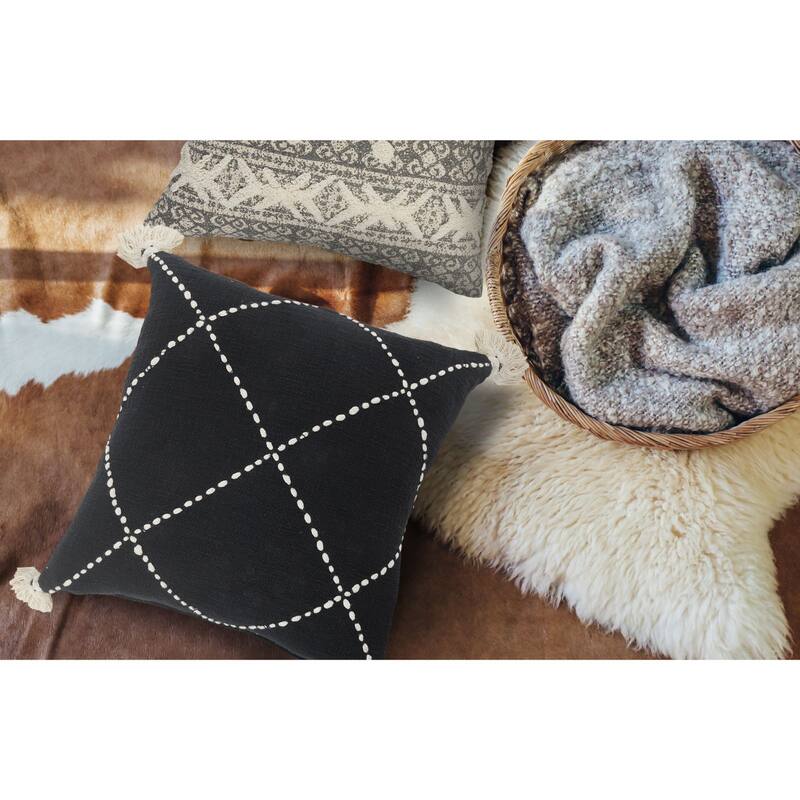 20" Black and White Geometric Tasseled Square Throw Pillow