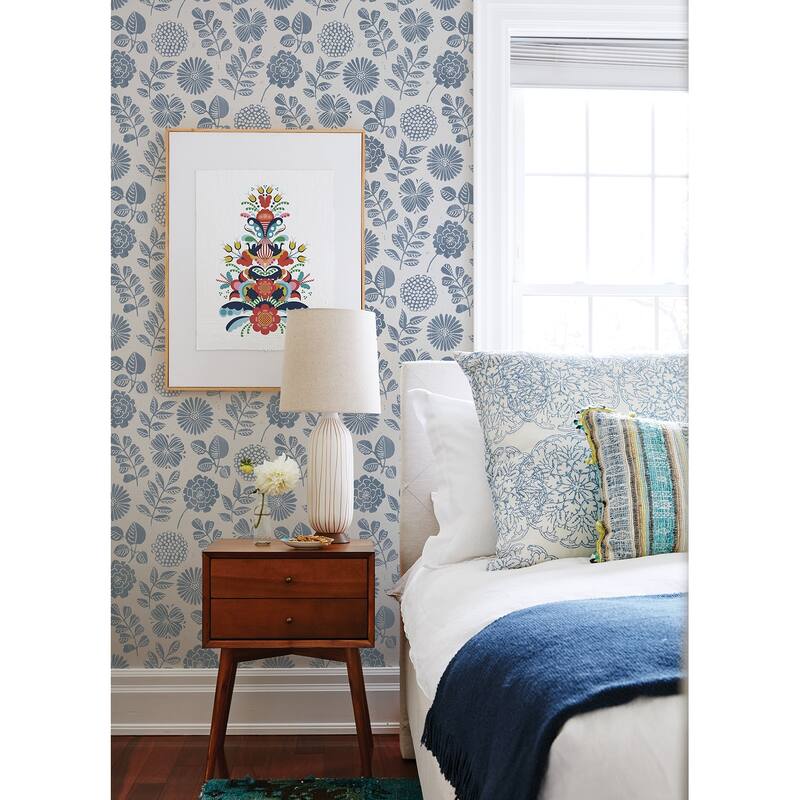 A-Street Prints Inge Denim Floral Block Print Wallpaper