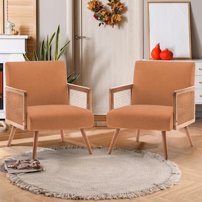 Accent Chair with Rattan Arms, Modern Accent Rattan Armchair for Living Room Bedroom Side Chairs Comfy Reading Lounge Chair