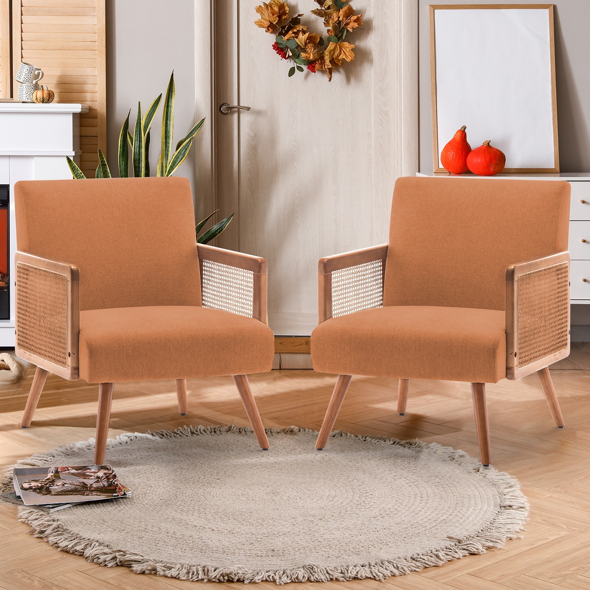 Accent Chair with Rattan Arms Modern Accent Rattan Armchair for Living Room Bedroom Side Chairs Comfy Reading Lounge Chair