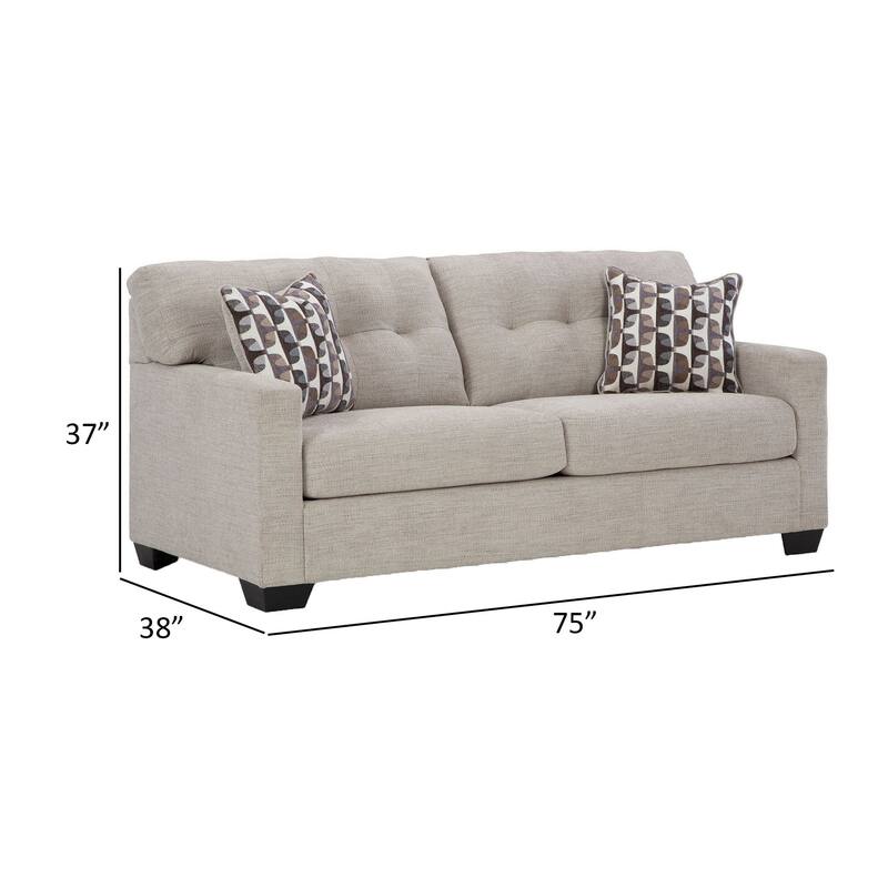 Joey 75 Inch Sofa with 2 Accent Throw Pillows, Tufted Back, Gray Polyester