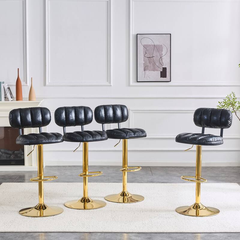 Set of 2 Adjustable Height Bar Stools, Black PU Leather with Gold Metal Base & Footrest