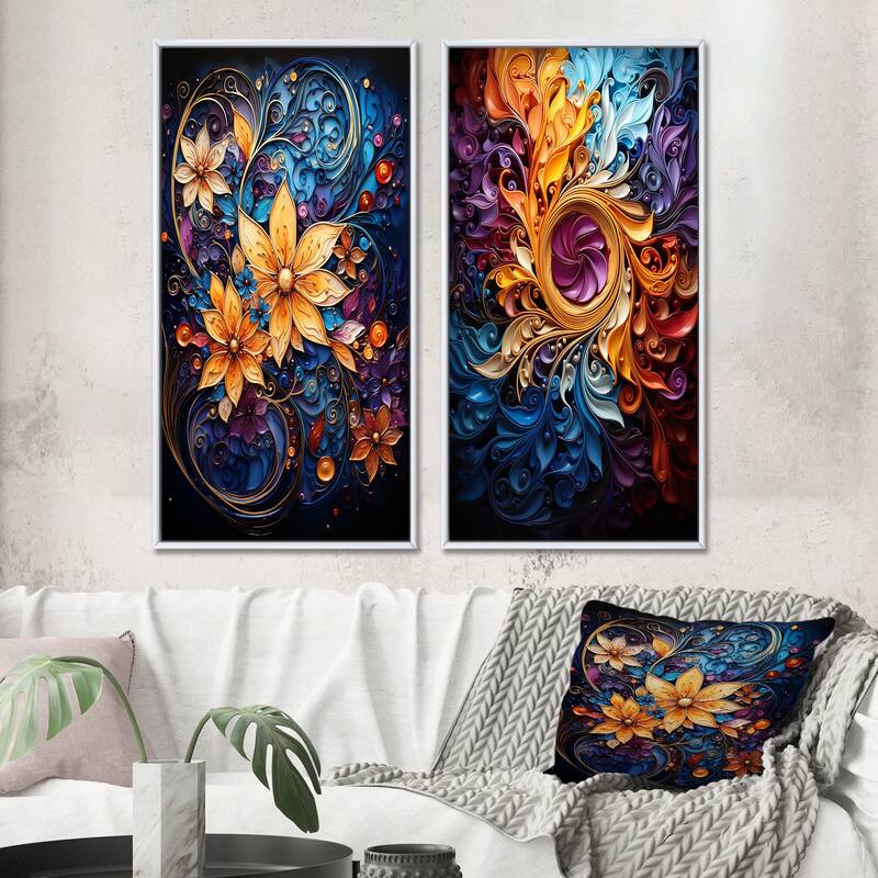 Designart "Spiral Kaleidoscope" Abstract Spirals Framed Wall Art Set Of 2 - Gold Gallery Wall Set For Home Decor - 24 in. wide x 20 in. high - White