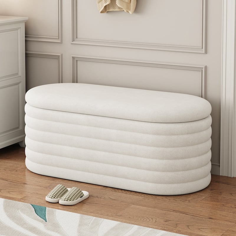 Ottoman Bench Upholstered Fabric Storage Bench End of Bed Stool with Safety Hinge for Bedroom, Living Room, Entryway - White
