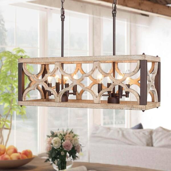 slide 2 of 9, Azizon Farmhouse 8-Light 27.5" Distressed Wood Linear Chandelier Island Lights Linear Chandelier-L27.5" x W10" x 10.5"