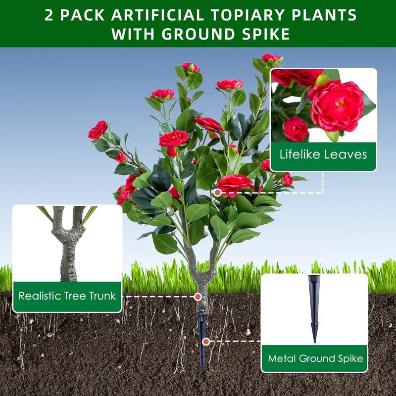 35.4" Artificial Topiary Flower with Ground Spike Set of 4,PE Fake Plants with Metal Stakes