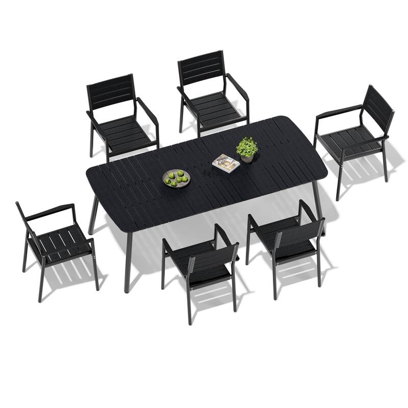 7-piece Patio Dining Set Outdoor Aluminum Rectangular Table with Umbrella Hole and Stackable Chairs