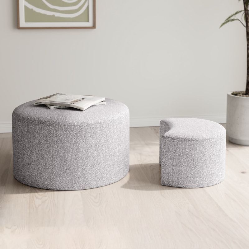 Upholstered Nesting Coffee Table Set of 2, Round Fabric Coffee Tables, Modern Side Tables Accent End Table Footrest Ottoman