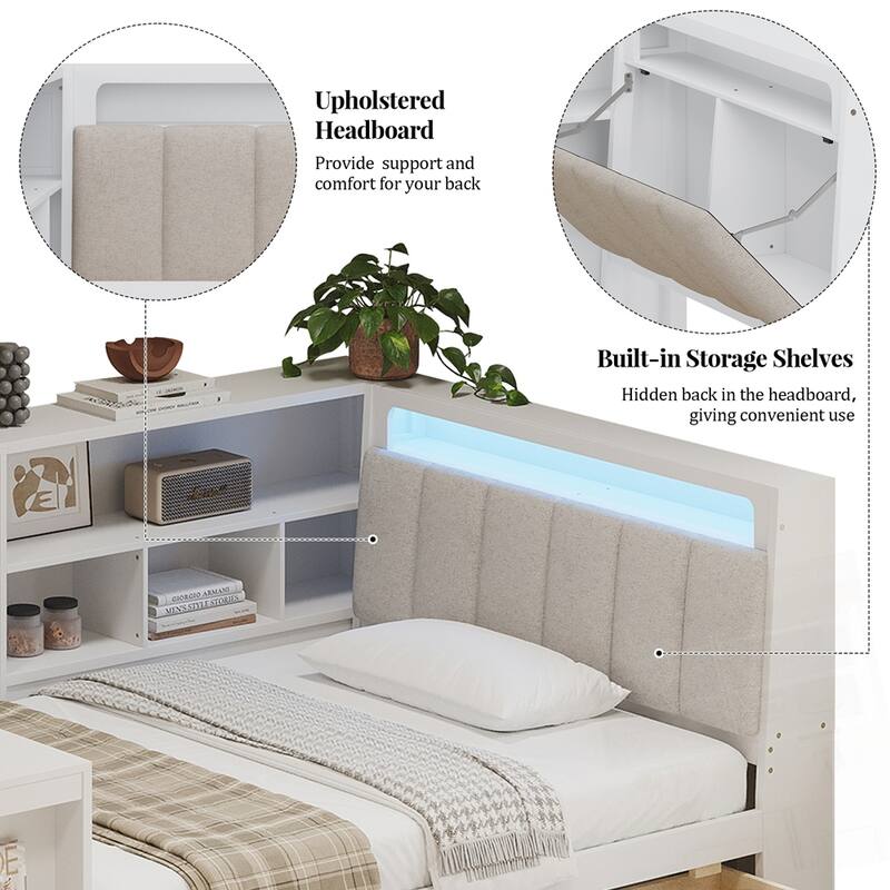 L-shaped Wooden Daybed with Desk and Storage Bookcase with Upholstered Headboard