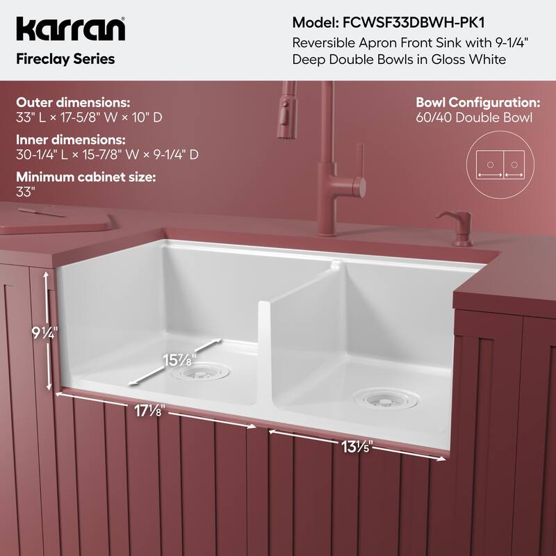 Karran 33" Double Bowl Workstation Fireclay Kitchen Sink with Reversible Fluted Apron Front