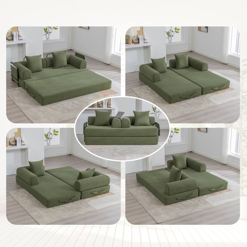 Foldable Modular Couch Sleeper Loveseat Sofa Bed with Storage Side Pocket, Detachable Metal Frame and Corduroy Fabric Cover - Green