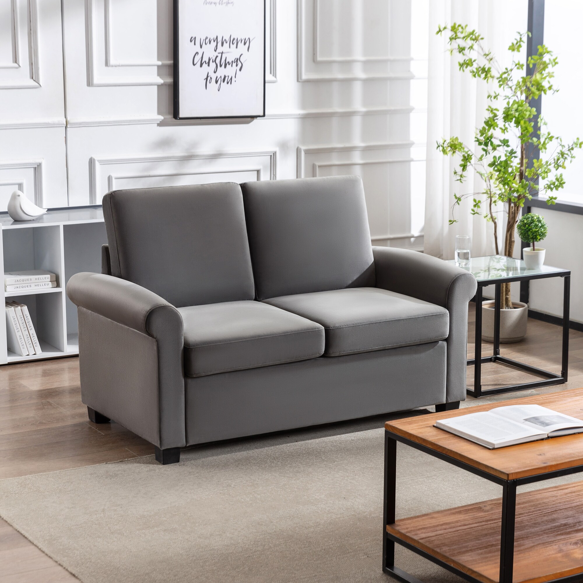 Modern Velvet Upholstered Loveseat Sleeper Sofa Bed 2 in 1 Pull