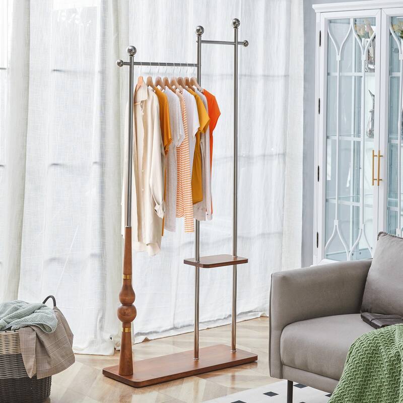 Rustic Industrial Coat Stand: 70" Tall with Dual-Tier Storage - Combines Sturdy Wood & Steel for Vintage-Chic Organization.