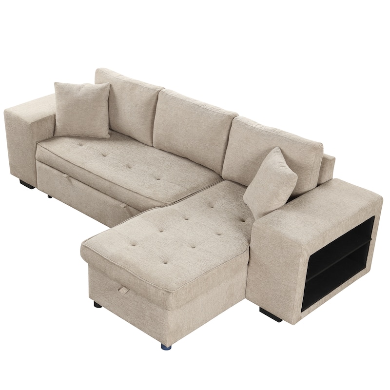 104.5" Chenille L-Shaped Sectional Sofa with Pull-Out Bed and Storage Chaise, 3-Seater
