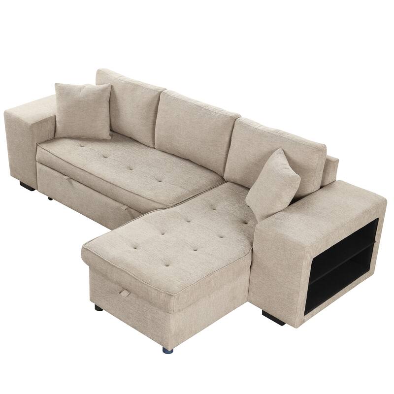Convertible Sleeper Sectional Sofa, Reversible Sofa with Pull-Out Bed, Storage Chaise & 2 Stools, Linen Upholstered 4 Seat Sofa