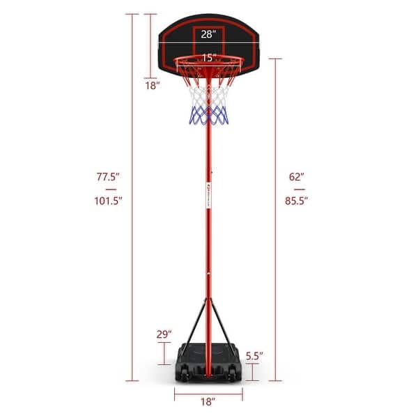 Adjustable Basketball Hoop System Stand Portable with 2 Wheels Fillable Base-Black & Red - 47" x 18" x 77.5"-101.5"