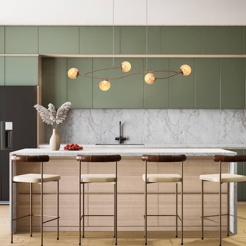 Modern Gold LED 5-Light Linear Art Glass Chandelier Kitchen Island Light - W45" x H71.2" Max