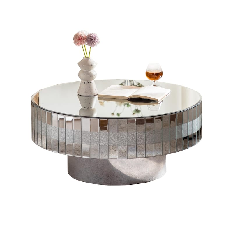 30.9" Round Silver Mirrored Coffee Table with Crushed Diamond Inlays & Crystal Edge, Modern Luxury Center Table for Living Room