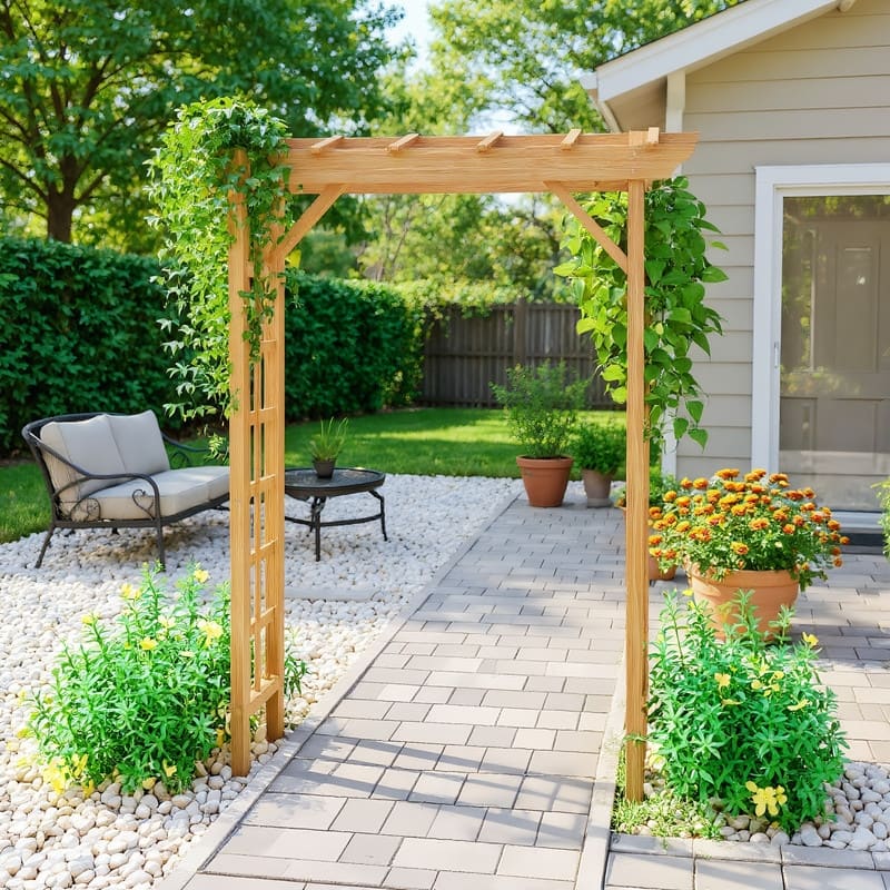 Romantic Solid Wood Garden Arbor, Elegant Light Brown Wedding Arch & Plant Trellis, Heavy-Duty Pergola For Backyard Ceremonies