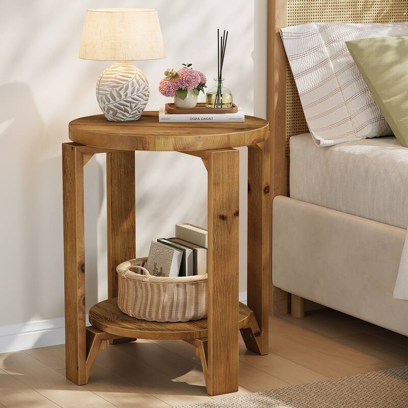 Round End Table with Storage Shelf, 2 Tier Solid Wood Side Table for Living Room