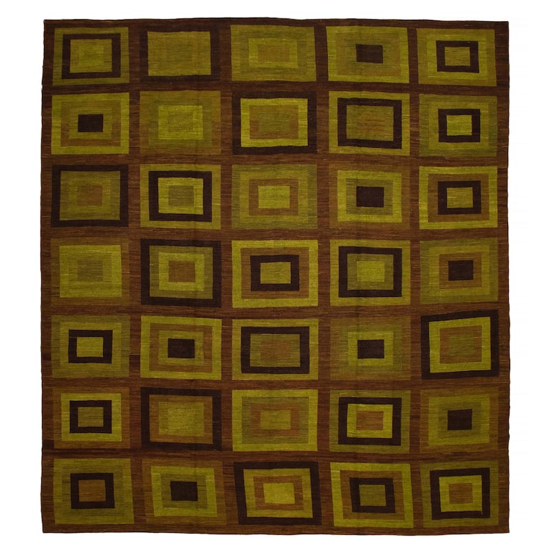 ECARPETGALLERY Flat-Weave Lahor Finest Brown, Lime Wool Tapestry Kilim - 12'9 x 14'5 - Brown/ Lime - 12'9 x 14'5