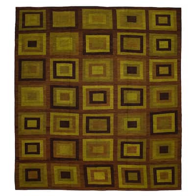 ECARPETGALLERY Flat-Weave Lahor Finest Brown, Lime Wool Tapestry Kilim - 12'9 x 14'5