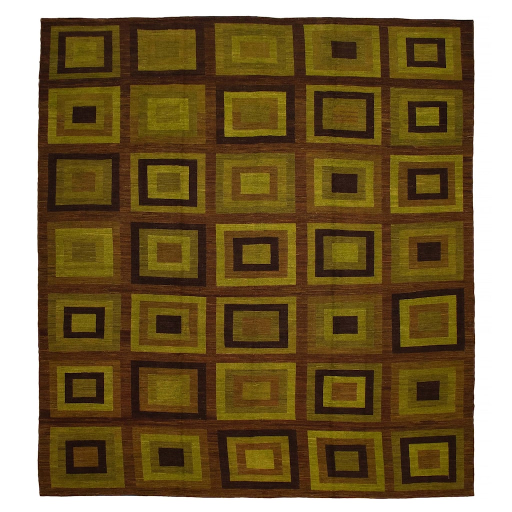 ECARPETGALLERY Flat-Weave Lahor Finest Brown, Lime Wool Tapestry Kilim - 12'9 x 14'5