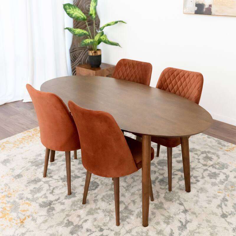 Kadenza 5-Piece Oval Dining Set w/ 4 Velvet Dining Chairs in Orange - Orange