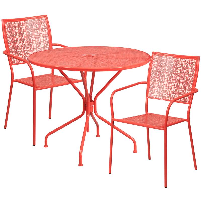 35-inch Round Steel 3-piece Patio Table Set with Square Back Chairs