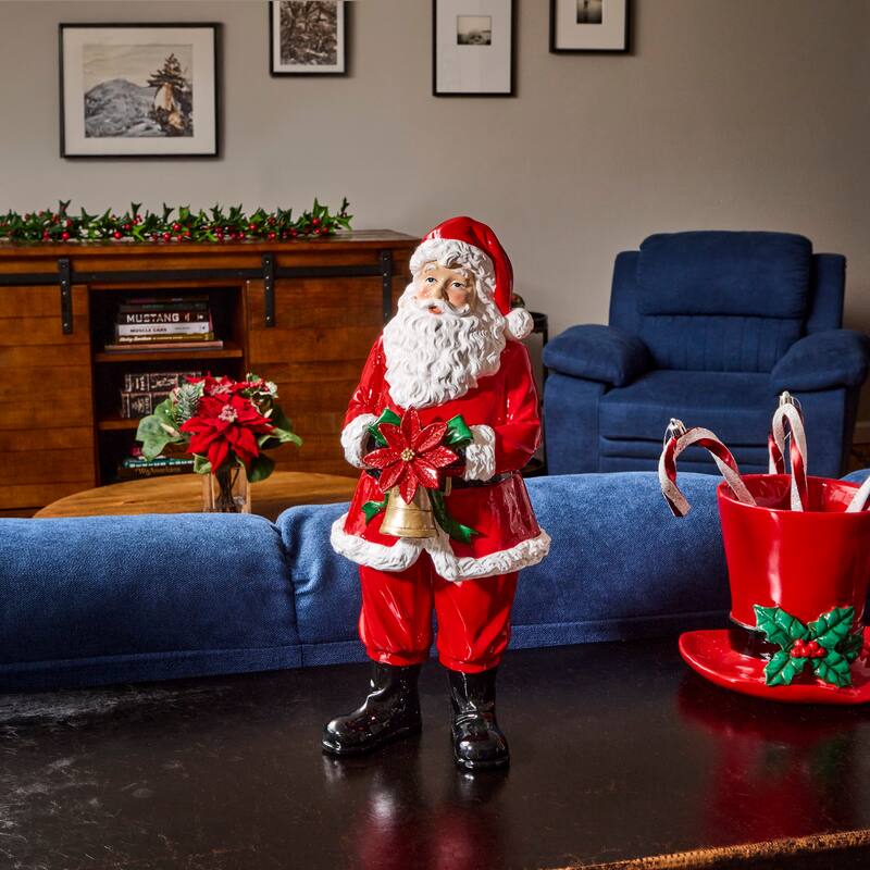 15" Resin Santa With Bell and Poinsettia
