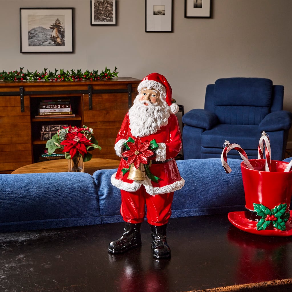 15" Resin Santa With Bell and Poinsettia