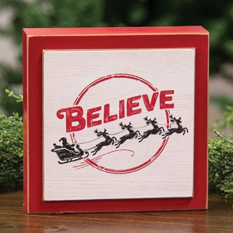 Rustic Layered Wood Box Sign with Santa Sleigh Design Seasonal Holiday Home Decor Accent - 6" H x 6" W X 1.5" D