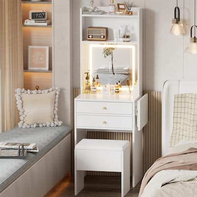 Vanity Table Set w/ 3 Adjustable Lighted Mirror,Chair,Fold-up Panel