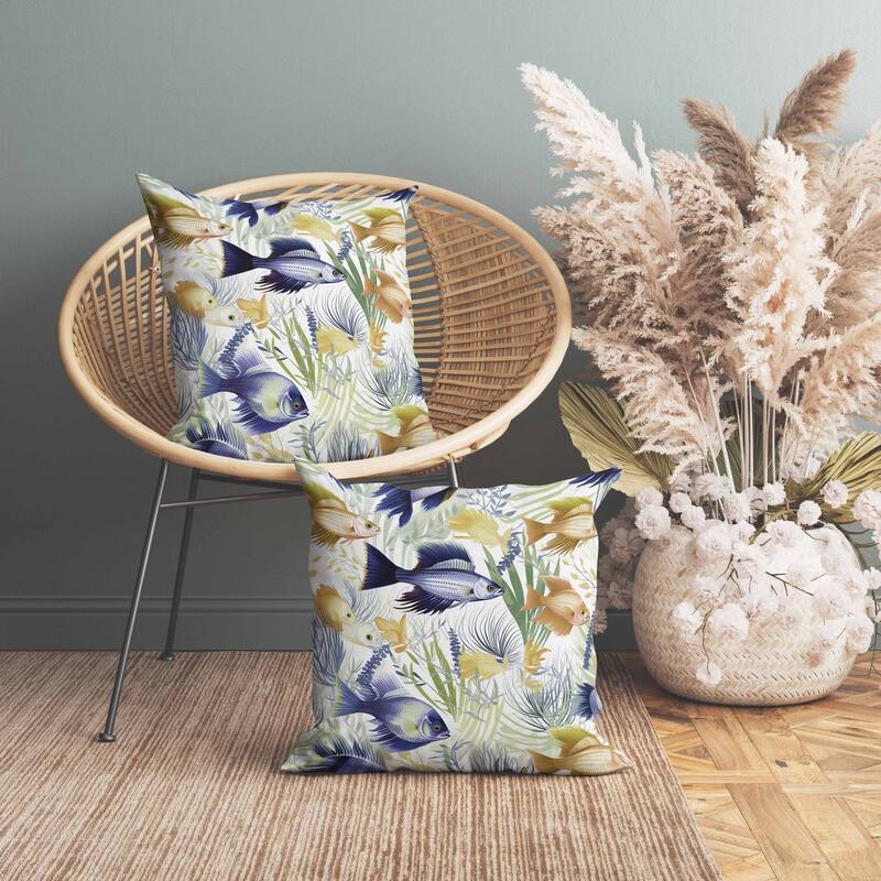 Fish paradise Faux Suede Reversible Throw Pillow Gold and Blue