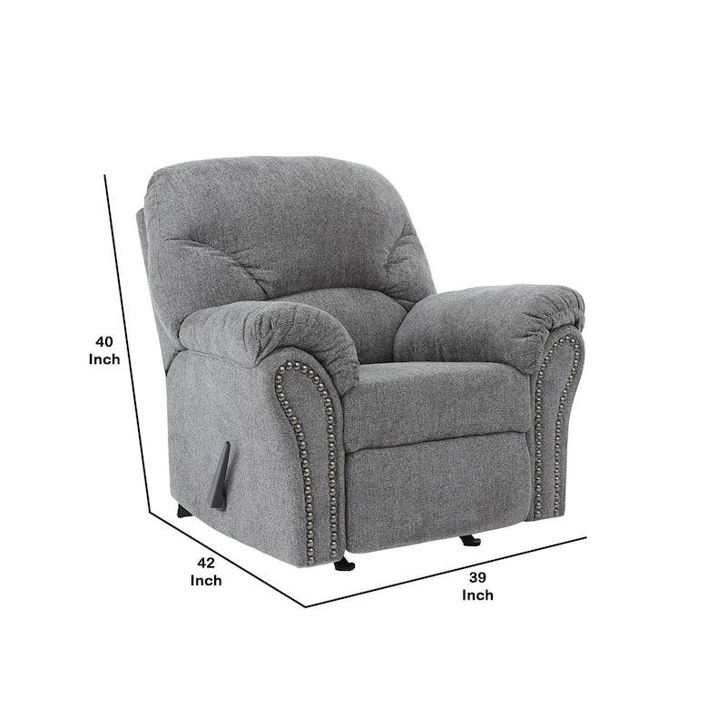 Nickel Nailhead Trim Fabric Upholstered Rocker Recliner, Gray